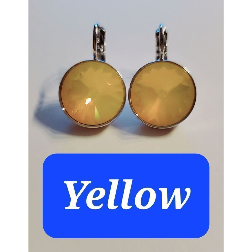 Swarovski Element Earrings Round NEW! Yellow Rare color. 15mm. Leverback. Simple